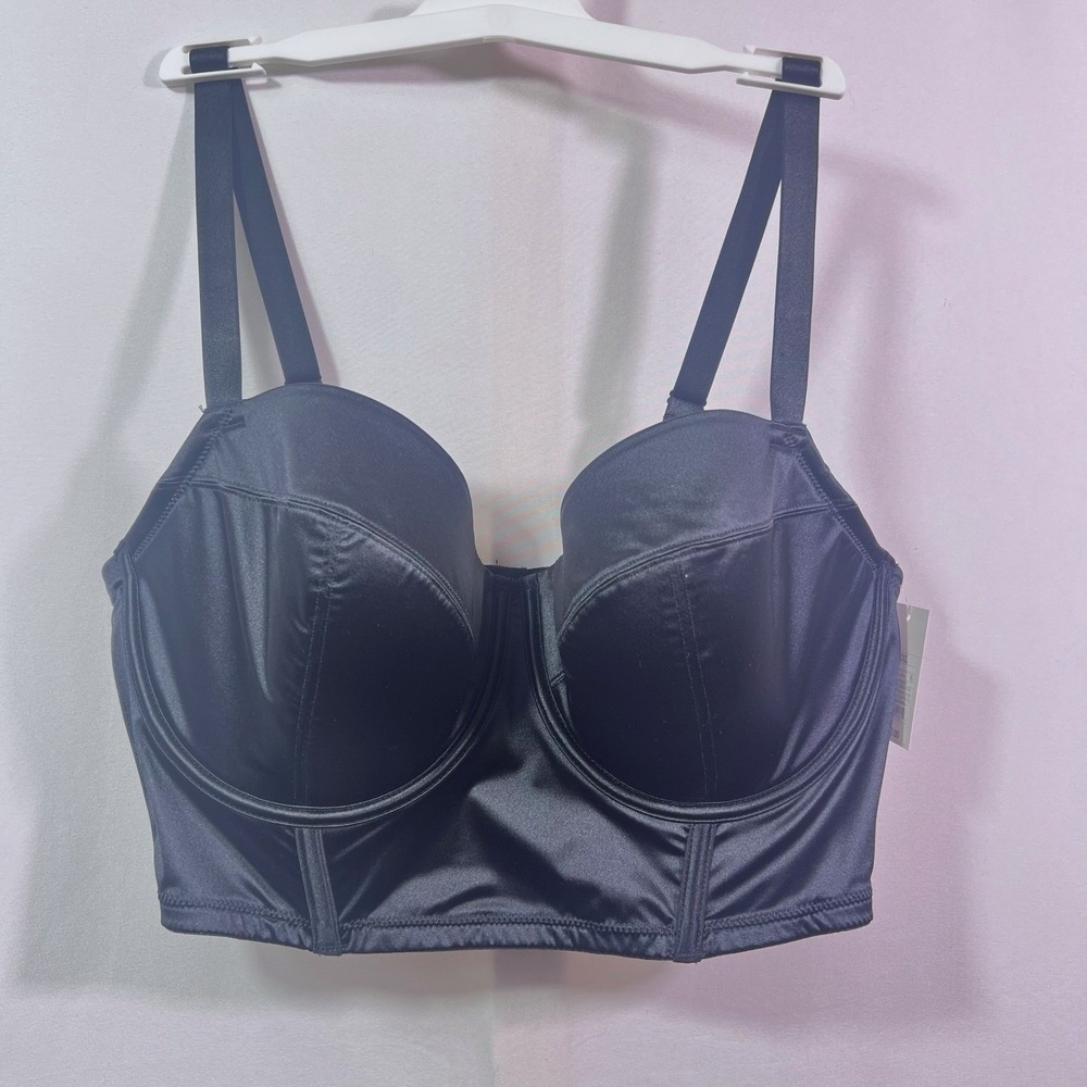 Auden Black Satin Longline Bustier Bra Corset Top Underwire Size L NWT
